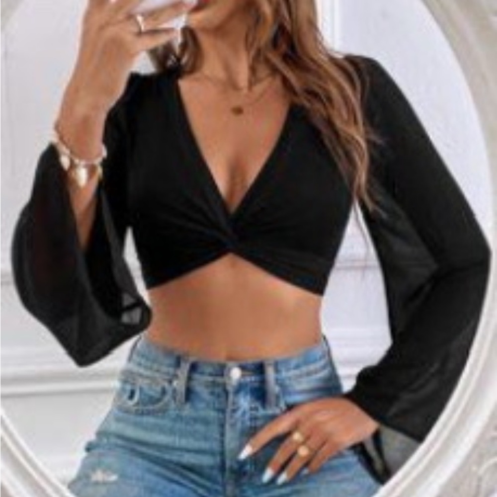 SHEIN Black Twist Front Bell Sleeve Blouse